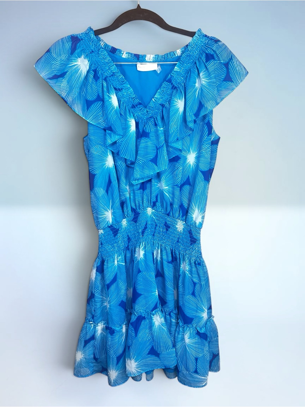 Ramy Brook Smocked Ruffle Blouson Mini Dress Blue Abstract Starburst Medium